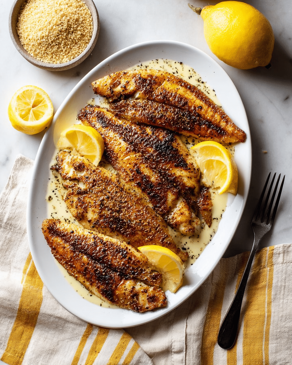 A white oval plate holds four grilled fish fillets arranged in two rows, each fillet showing a richly browned and slightly charred surface with visible seasoning and grill marks. There are four lemon halves placed around the fillets, bright yellow with a juicy, shiny texture. Some creamy sauce with black pepper specks is drizzled lightly under and around the fish. To the upper left of the plate on the white marbled surface, there is a small bowl filled with breadcrumbs and a whole lemon nearby. A black fork rests on a beige cloth with yellow stripes on the right side of the plate. Photo taken with an iphone --ar 4:5 --v 7