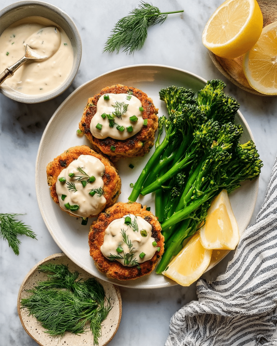 A round white plate holds ten golden-brown patties with visible green pepper chunks and small herb sprigs, arranged in a circular pattern. The patties have a crispy texture and a warm, cooked look. There are three lemon wedges, two placed on the tiled surface and two on the plate’s edge at the bottom left. To the top right of the plate, a white bowl filled with bright green broccolini is partly visible. Next to the bowl, there is a small container of creamy white sauce with herbs. A white and blue striped cloth is laid out on the bottom right corner on a white marbled textured surface. Photo taken with an iphone --ar 4:5 --v 7