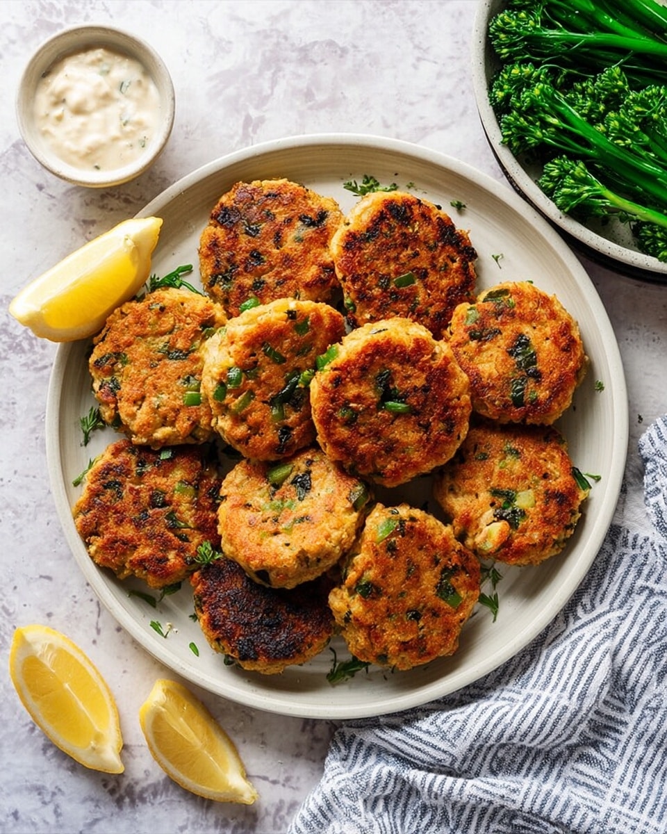 The image shows a white plate with three golden-brown patties on the left side, each topped with a light creamy sauce sprinkled with small green dill pieces. On the right side of the plate, there are several bright green broccolini stems, and at the bottom right edge of the plate, there is a quartered lemon slice. Surrounding the plate is a small dish with fresh dill, lemon wedges, and a bowl of creamy sauce on a white marbled surface. A striped cloth is visible under the plate's bottom edge. photo taken with an iphone --ar 4:5 --v 7