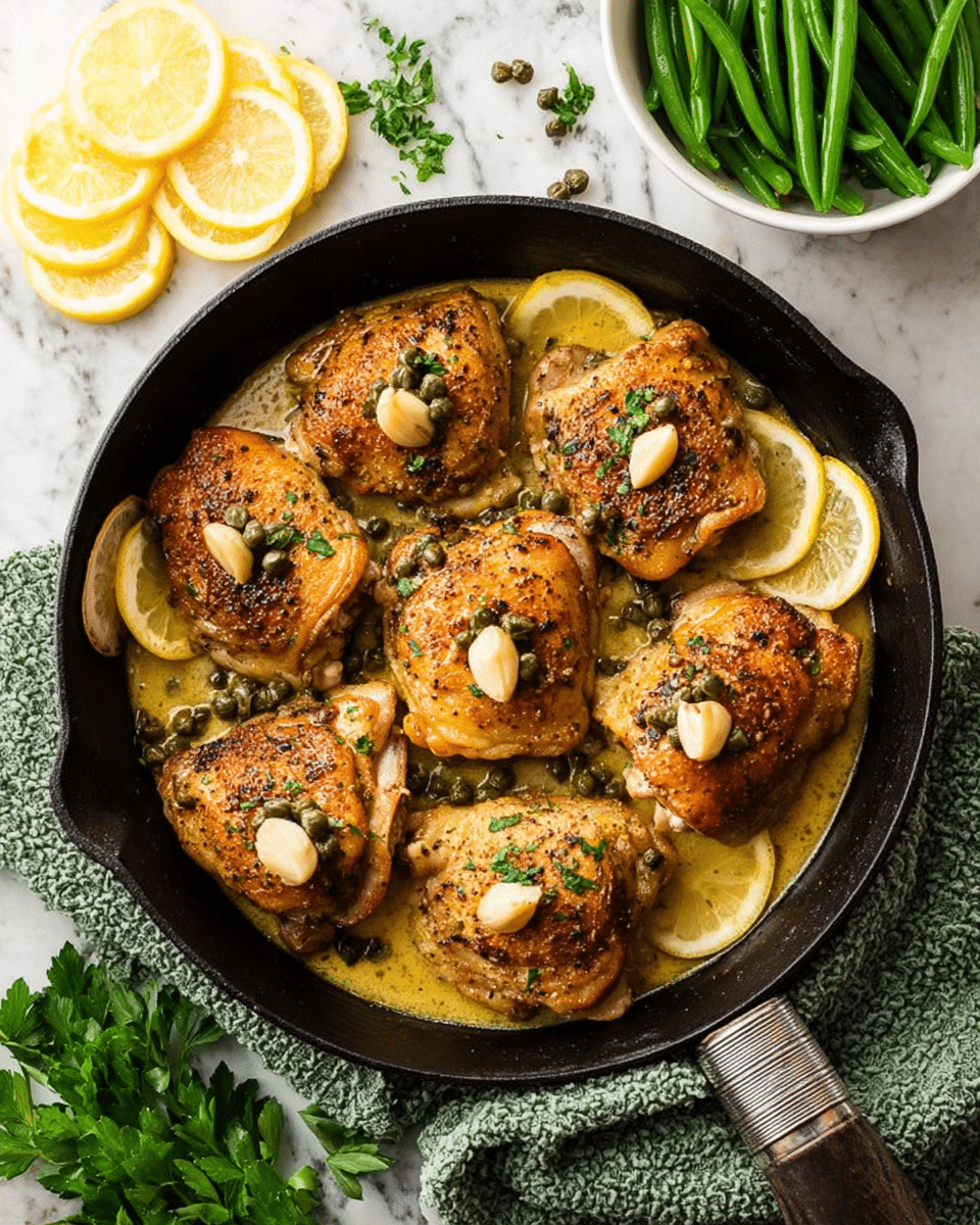 The image shows a black cast iron pan filled with six pieces of golden-brown cooked chicken thighs, each topped with whole garlic cloves and small green capers. The chicken rests in a light yellow buttery sauce with visible specks of seasoning. Thin lemon slices are placed beneath some pieces of chicken, adding a touch of pale yellow contrast. The pan handle is visible at the bottom right, lying on a green textured cloth. To the top right, there is a white bowl filled with bright green cooked green beans, and to the top left, there are thin slices of lemon arranged on a white marbled surface. Fresh green parsley leaves are placed near the bottom left corner. photo taken with an iphone --ar 4:5 --v 7