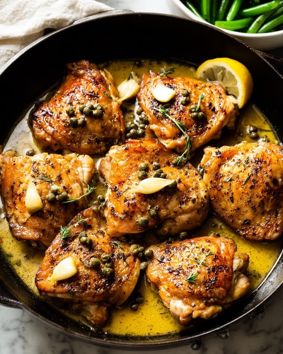 A black pan filled with six pieces of golden brown chicken thighs, each piece showing a crispy skin texture with visible herbs and black pepper. Scattered on top of the chicken are whole cloves of garlic and small green capers, adding texture and color contrast. The chicken sits in a shallow pool of light yellow buttery sauce, with a thin slice of lemon partially seen at the edge of the pan. Part of a white bowl with green beans is visible in the background, all placed on a white marbled surface. photo taken with an iphone --ar 4:5 --v 7