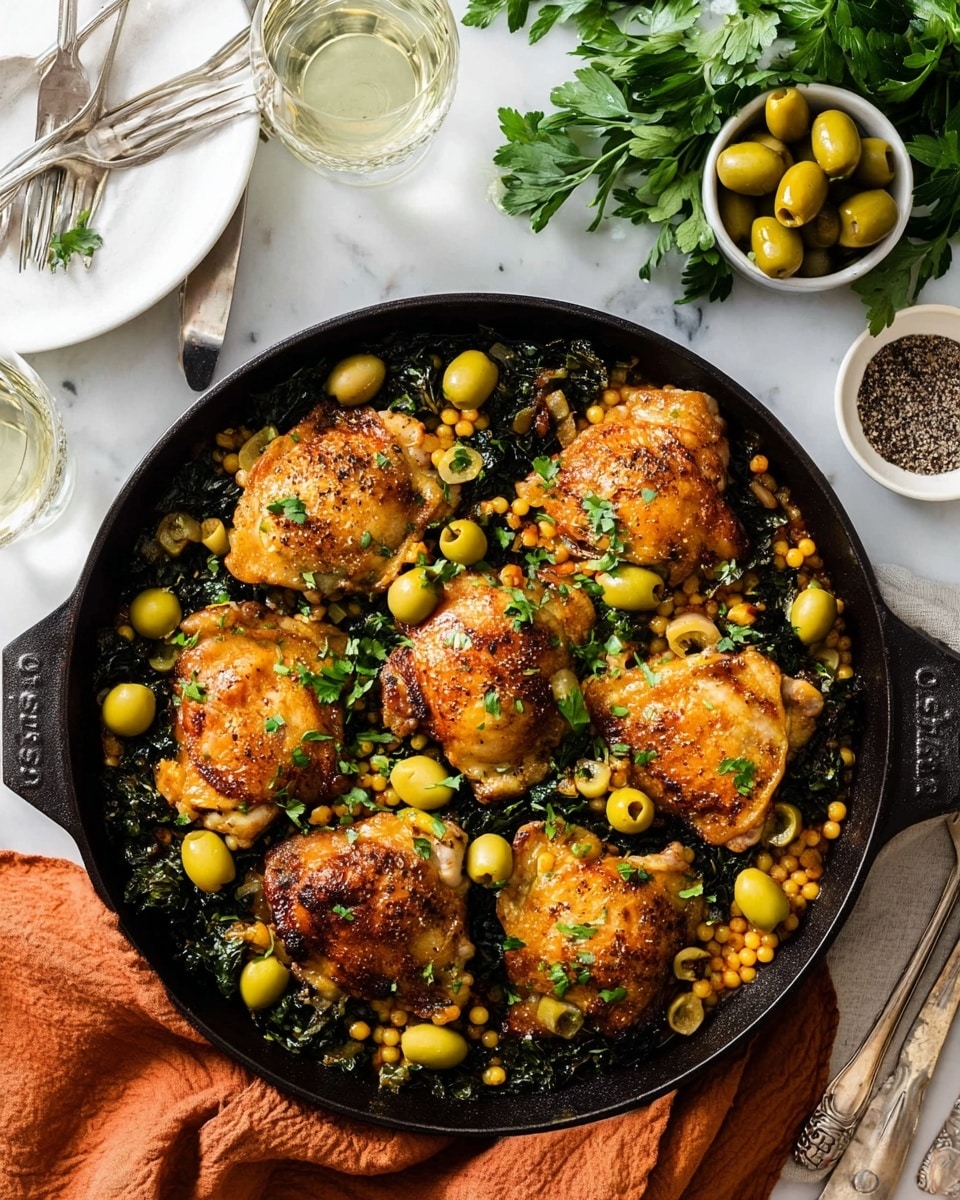 A white plate holds a dish with one large piece of golden brown roasted chicken on top, cut partly to show its juicy inside. Under and around the chicken are dark green sautéed kale leaves mixed with many small mustard-yellow lentils. There are also several small green olives scattered on the plate, one of which is sliced open and placed on top of the chicken. A fork cuts into the chicken from the bottom left part of the plate, and a white marbled surface forms the background with a green glass of water and some fresh green herbs nearby. photo taken with an iphone --ar 4:5 --v 7