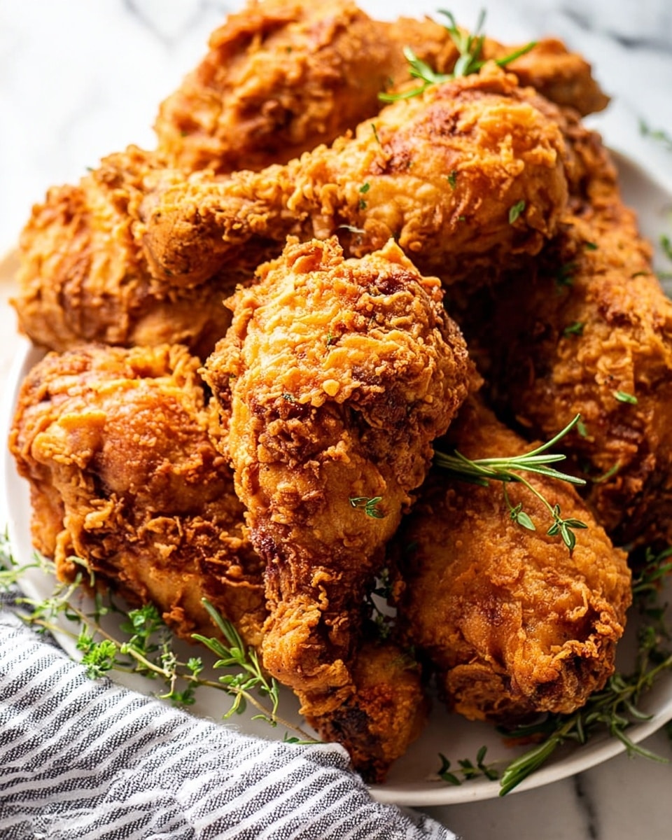 A close-up of several pieces of crispy fried chicken piled together on a white plate, each piece covered in a golden brown, crunchy, textured coating with small bumps and ridges; the pieces vary in shape and size, including drumsticks and thighs, with small green herb sprigs scattered on top and around for garnish; the background is a white marbled surface with a grey-striped cloth partially visible at the edge. Photo taken with an iphone --ar 4:5 --v 7