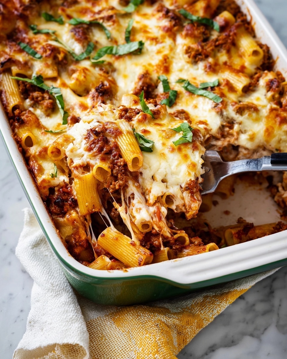 The dish is a baked pasta casserole in a white rectangular baking dish with green handles, placed on a white marbled surface with a yellow and white cloth partially showing. The casserole has about three visible layers: the bottom layer is tubular pasta mixed with browned ground meat and tomato sauce, the middle layer is melted, bubbly cheese with golden brown spots, and the top layer is sprinkled fresh green basil leaves. A metal spatula with a black handle is inserted into the dish, lifting some pasta and cheese, revealing gooey melted cheese stretching from the casserole. The textures range from soft pasta, crumbly meat, to stringy melted cheese. photo taken with an iphone --ar 4:5 --v 7