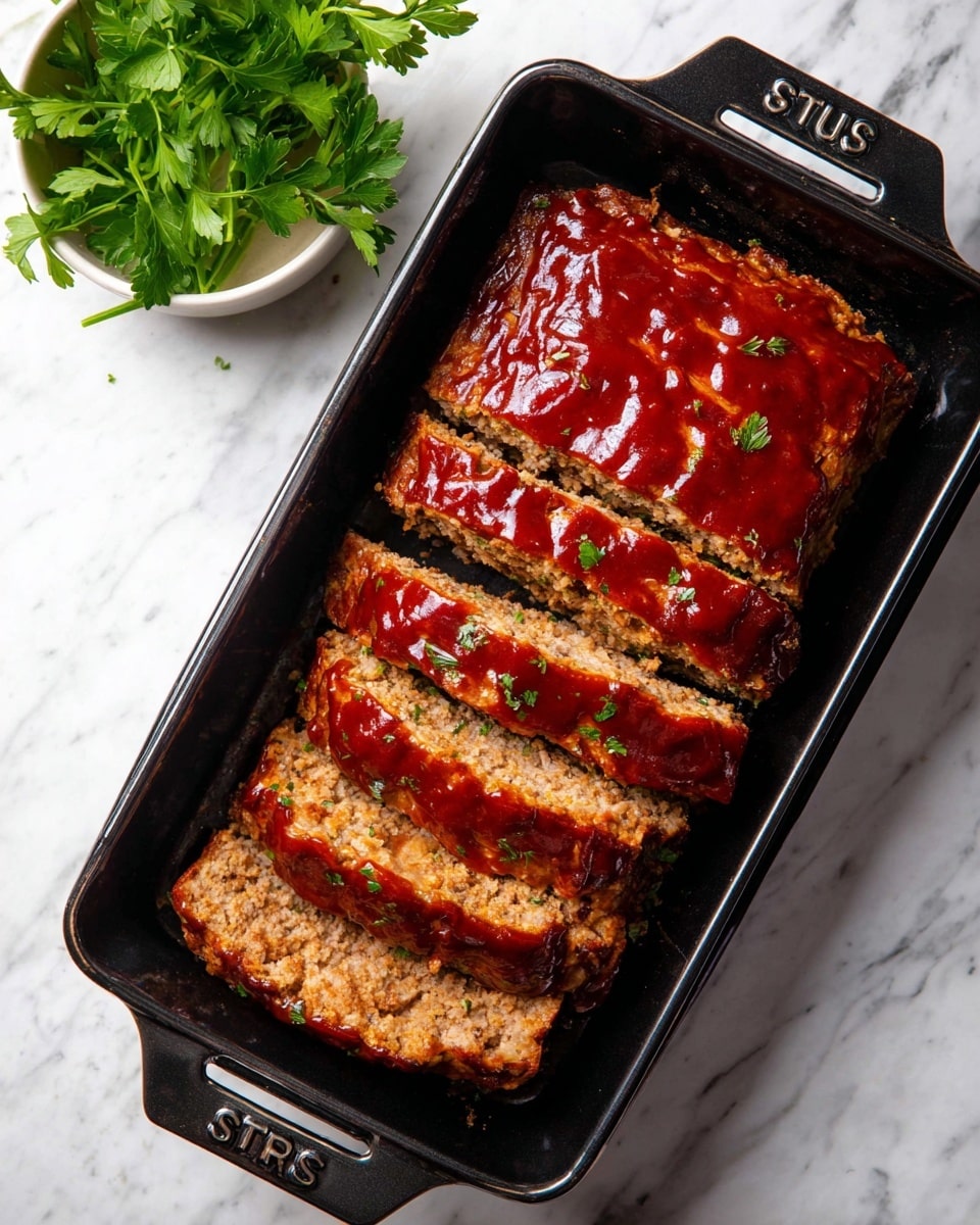 A black rectangular loaf pan holds a meatloaf sliced into five thick pieces. The top layer is shiny and deep red, covered in a glossy ketchup glaze with some light caramelized streaks. The inside is a moist, crumbly brown texture. One piece is slightly moved forward at the bottom, showing the crumbly meat inside. To the left, there is a small white bowl containing a bunch of fresh green parsley leaves. The pan and bowl rest on a white marbled surface. photo taken with an iphone --ar 4:5 --v 7