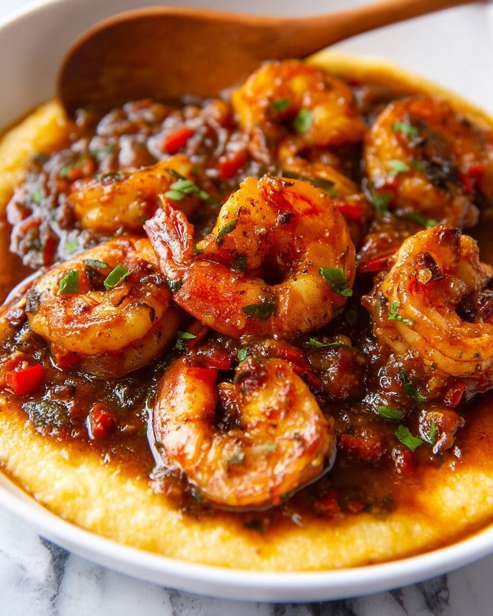 The image shows a close-up of large shrimp cooked in a rich, dark brown spicy sauce with visible chopped red peppers and green herbs scattered throughout. The shrimp sit on a bed of creamy yellow grits that have a smooth texture with some small lumps. The dish is inside a white bowl, and there is a wooden spoon partially visible in the background. The overall look is warm and hearty, with the shrimp and sauce glistening under soft light on a white marbled surface. Photo taken with an iphone --ar 4:5 --v 7