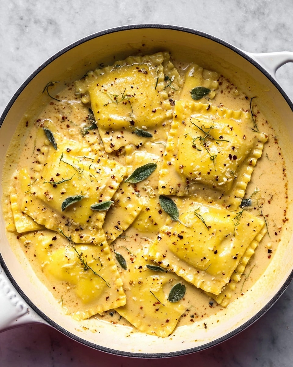 The image shows a pan filled with large yellow ravioli pieces sitting in a creamy light brown sauce with visible tiny bits of herbs and spices. The ravioli are square-shaped with slightly ruffled edges, and they are coated evenly with the sauce. Small green leaves and black pepper specks are scattered on top, adding texture and color contrast. The pan is white with a handle, placed on a white marbled texture background. The sauce looks rich and smooth, surrounding the ravioli in a thick layer. photo taken with an iphone --ar 4:5 --v 7