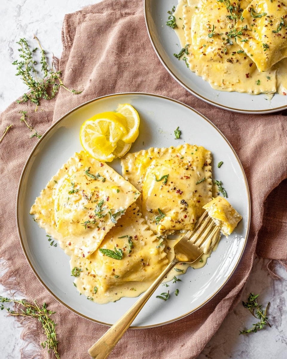 The image shows a white plate with four square ravioli pieces covered in a creamy sauce that looks smooth and slightly chunky with herbs and small bits mixed in. The ravioli have a golden-yellow color with a soft, slightly wrinkled texture. On top of the ravioli, there are small green herb leaves scattered, and a thin lemon slice is placed on the upper left side of the plate. A gold fork is positioned on the right side of the ravioli, with one ravioli piece partly cut and pierced by the fork. The plate rests on a beige linen cloth, set on a white marbled surface. A second plate with a similar ravioli set can be seen partially in the upper right corner, and there are small sprigs of fresh herbs scattered on the surface around the plates. Photo taken with an iphone --ar 4:5 --v 7