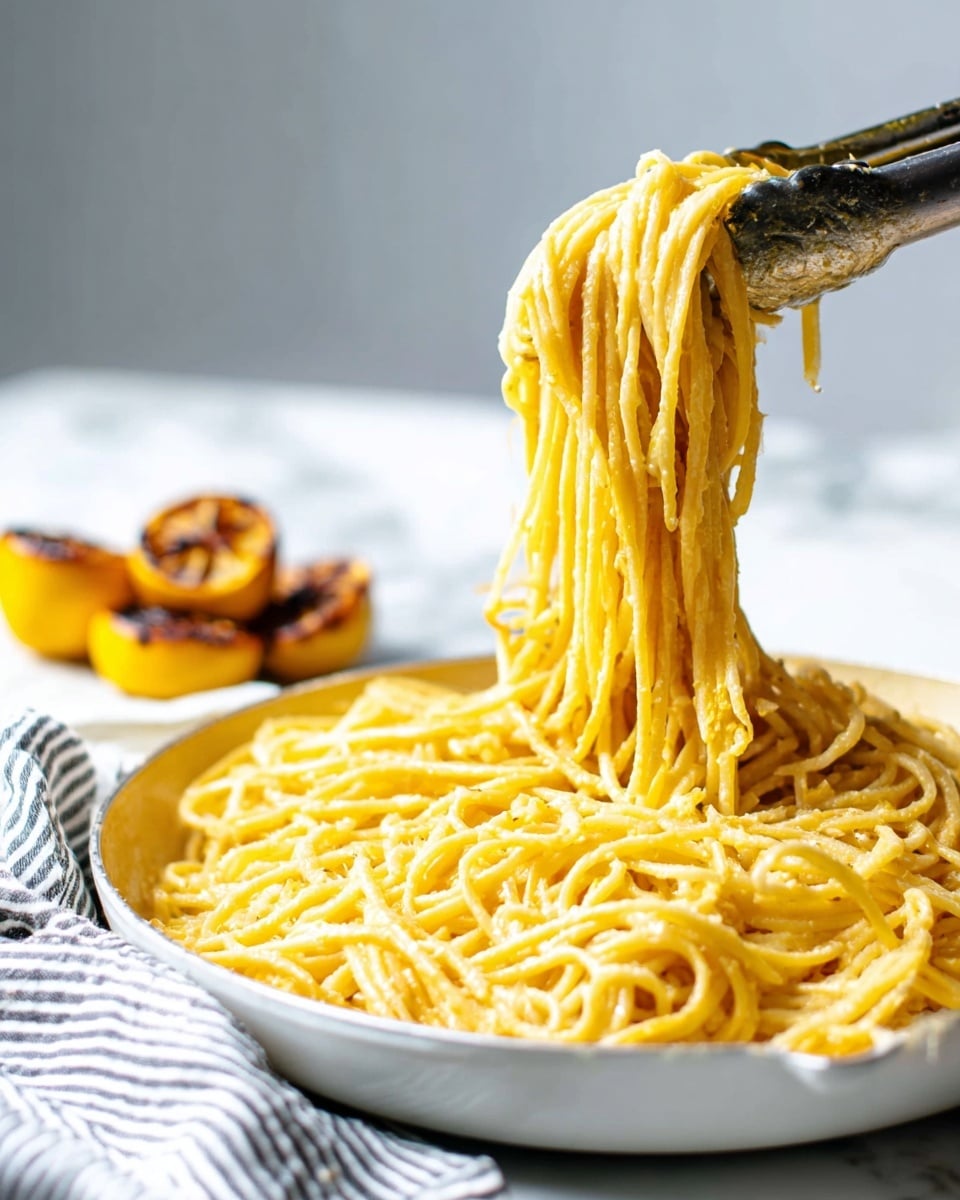 A white round pan filled with creamy yellow spaghetti noodles, glistening with sauce, is placed on a white marbled surface. The spaghetti is lifted in the air by silver tongs, showing smooth, well-coated strands slightly twisted and hanging down. In the background, there are halved grilled lemons with a golden-brown char and some blurred white and black striped cloth. The light is bright and natural, highlighting the glossy texture of the pasta. photo taken with an iphone --ar 4:5 --v 7