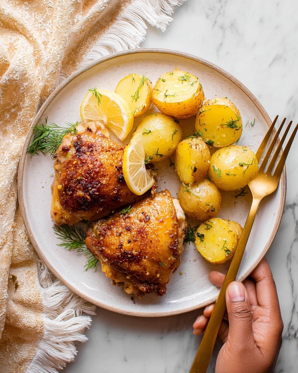 A white plate holds two golden-brown roasted chicken thighs with crispy skin, positioned on the left side of the plate. To the right, there are several halved roasted baby potatoes with a golden-yellow color, sprinkled with small green dill leaves. A lemon wedge garnished with dill rests on top of one chicken thigh in the center. A gold fork is placed on the left edge of the plate, and a woman's hand is holding the bottom right edge of the plate. The plate is set on a white marbled surface with a beige and white fringed cloth partially visible at the top. photo taken with an iphone --ar 4:5 --v 7