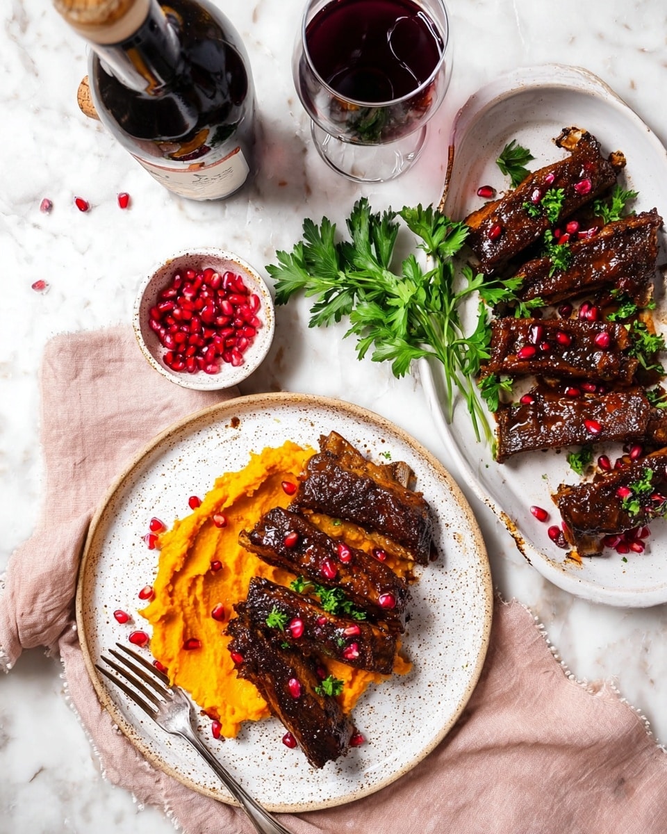 The image shows a white speckled plate with a bright orange layer of mashed sweet potatoes spread across the bottom left side. On top of this, there are five dark brown ribs stacked horizontally, glossy and glazed with a sauce, garnished with scattered red pomegranate seeds and a small bunch of green parsley in the center. To the right, a white oval plate holds several more ribs, also glazed and sprinkled with pomegranate seeds, with two bunches of green parsley placed on top and between the ribs. Nearby is a small white cup filled with shiny red pomegranate seeds. In the top left corner, a glass of dark red wine sits beside a wine bottle and cork, all placed on a soft pale pink cloth over a white marbled surface. A silver fork rests on the edge of the plate with mashed sweet potatoes. photo taken with an iphone --ar 4:5 --v 7