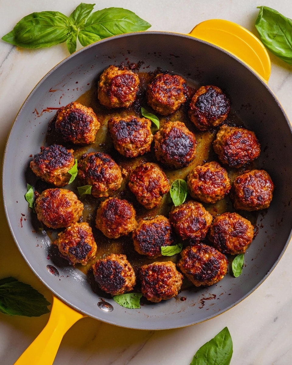 The image shows a gray frying pan with yellow handles filled with 22 browned meatballs, arranged loosely in a circular pattern. Each meatball has a crispy, uneven brown surface with some pieces appearing darker or slightly burnt. The background is a white marbled texture with fresh green basil leaves placed around the pan. The meatballs have a rough, textured look with a golden to dark brown color on their exterior. photo taken with an iphone --ar 4:5 --v 7