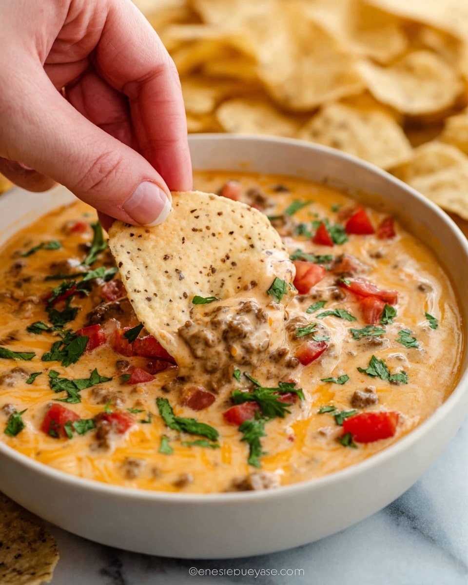 A woman's hand is dipping a light beige tortilla chip with small dark specks into a bowl of creamy dip. The dip has a smooth, rich orange cheese layer mixed with small brown crumbles of what looks like ground meat, scattered bright red tomato pieces, and sprinkled fresh green herbs on top. The dip fills a white bowl, sitting on a white marbled surface. The background shows more tortilla chips out of focus. Photo taken with an iphone --ar 4:5 --v 7