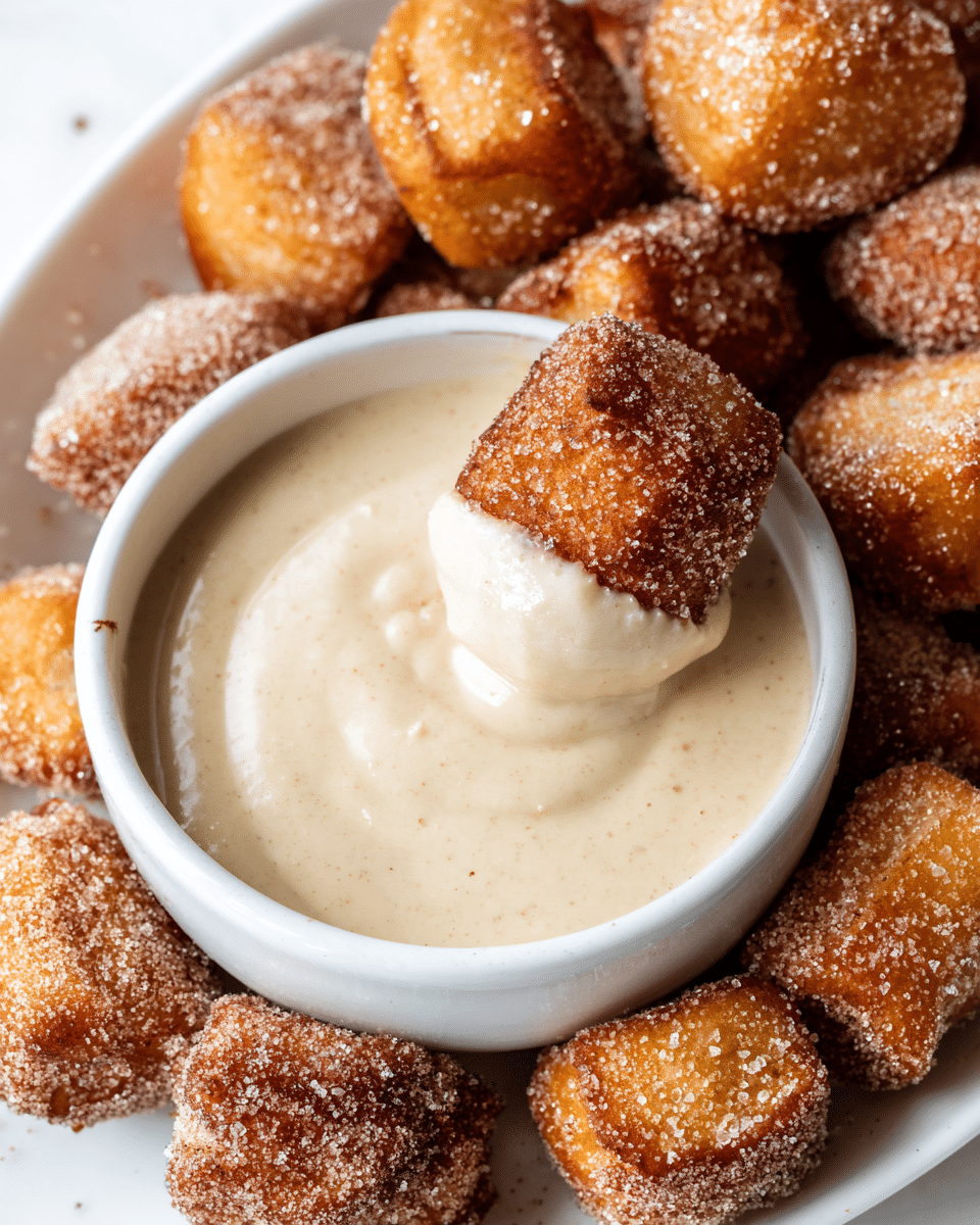 A close-up image showing golden brown, small, bite-sized fried dough pieces covered in sugar and cinnamon, arranged around a white bowl filled with smooth, creamy, pale beige dipping sauce with a silky texture; one dough piece is partly dipped in the sauce, resting on top with sugar crystals visible on its surface; all placed on a white marbled background. photo taken with an iphone --ar 4:5 --v 7