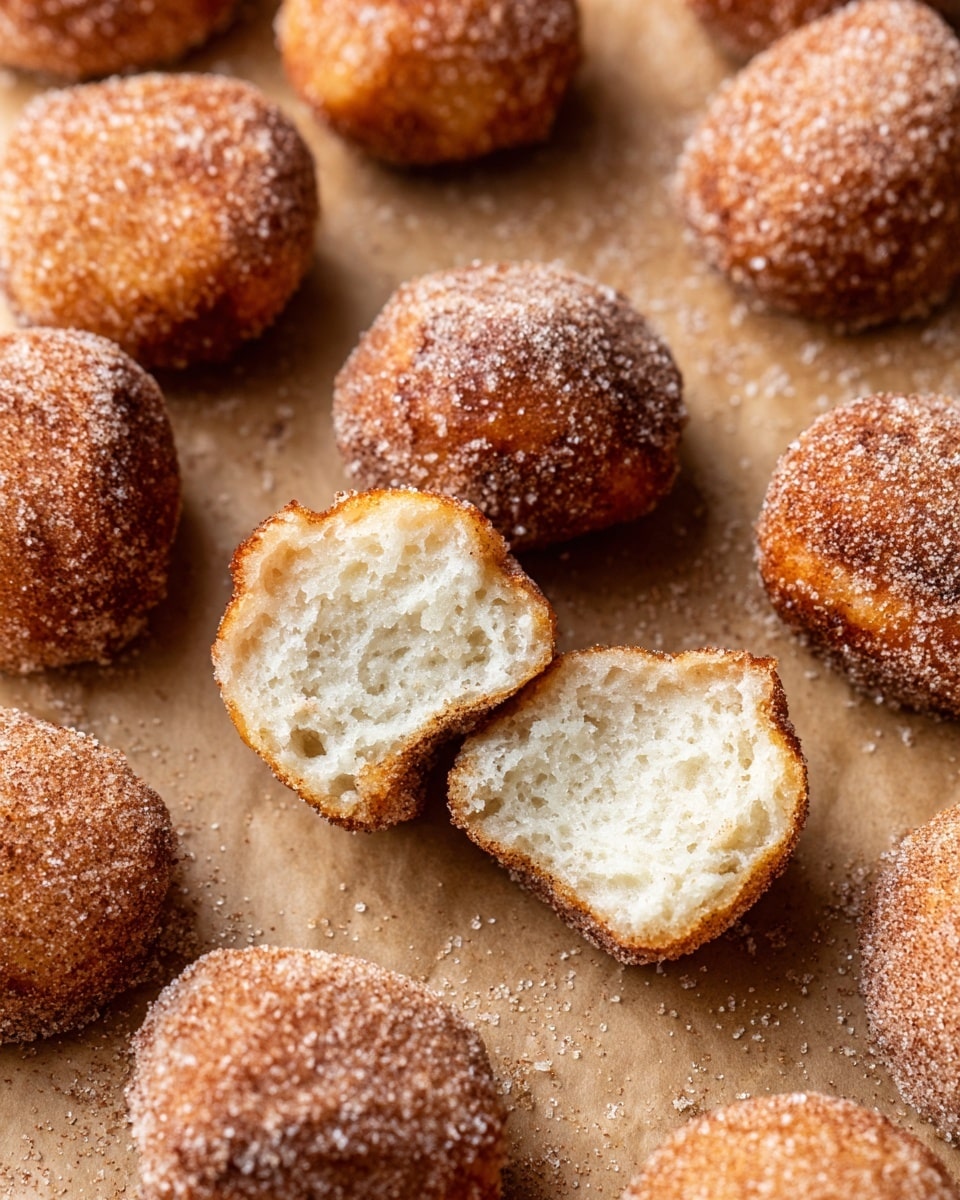 The image shows several small, round doughnut bites covered in a sugar and cinnamon coating. They are laid out on a light brown surface, likely parchment paper. One doughnut is torn in half, showing its soft, fluffy, white inside with a slight chewy texture. The doughnuts are golden-brown on the outside with a coarse sugar texture creating a sparkling effect under the light. The arrangement is casual, with the doughnut halves placed in the center for focus. photo taken with an iphone --ar 4:5 --v 7