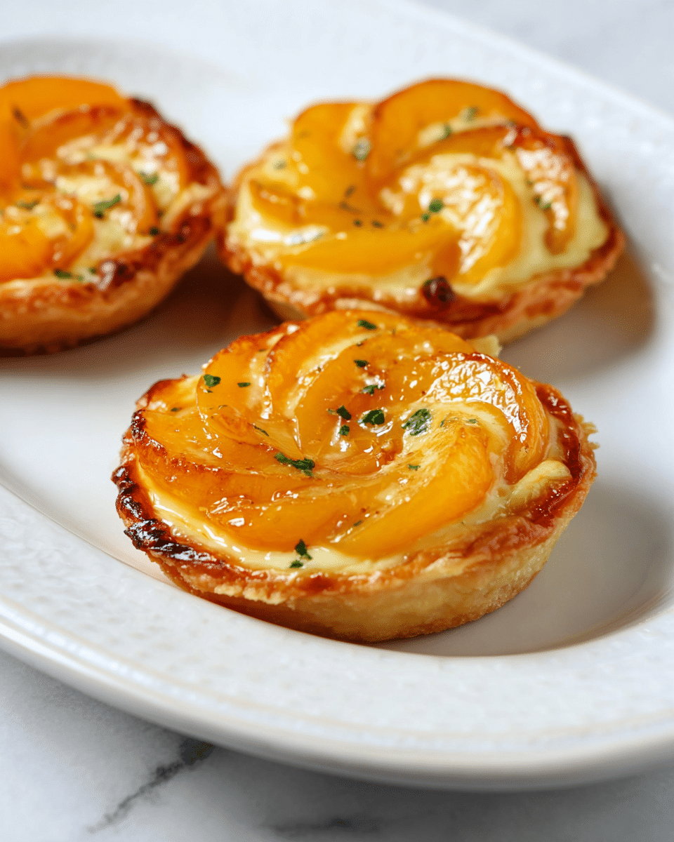 Three small baked tarts sit on a white plate with a subtle embossed edge. Each tart has a golden-brown, flaky pastry crust forming one layer, topped by a second layer of glossy, caramelized orange-yellow slices of fruit, likely peach or apricot. The caramelized fruit curves in a spiral that follows the crust shape, with a creamy white filling visible beneath in the tart closest to the camera. Small pieces of green herbs are sprinkled over the fruit for color contrast. The plate rests on a white marbled surface. photo taken with an iphone --ar 4:5 --v 7
