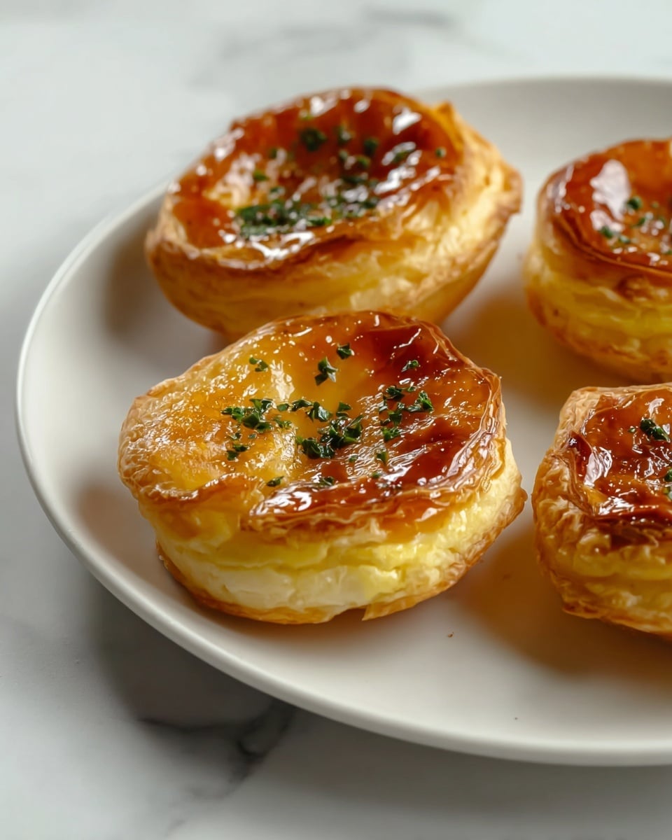 The image shows four small round pastries placed on a white plate with a smooth texture. Each pastry has a crispy, golden-brown outer layer with a flaky, slightly uneven edge. The middle layer is creamy yellow and smooth, while the top layer has a shiny, caramelized brown glaze with small green herb pieces sprinkled on it. The pastries are closely positioned with a soft focus on the closest ones, capturing the texture and shine clearly. The plate sits on a white marbled surface. photo taken with an iphone --ar 4:5 --v 7