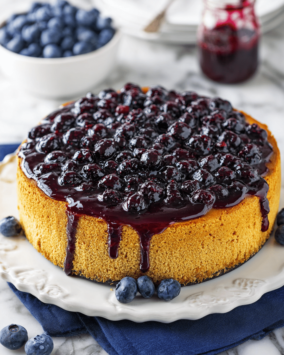 A slice of cheesecake sits on a white plate with a decorative edge, showing three distinct layers: a bottom golden brown crumb crust, a thick middle creamy white layer with some blueberry bits inside, and a top layer full of glossy dark purple blueberries covered in a shiny red berry sauce that drips down the sides. A few blueberries are scattered near the plate, and the plate rests on a white marbled texture with a hint of a blue cloth underneath. Photo taken with an iphone --ar 4:5 --v 7