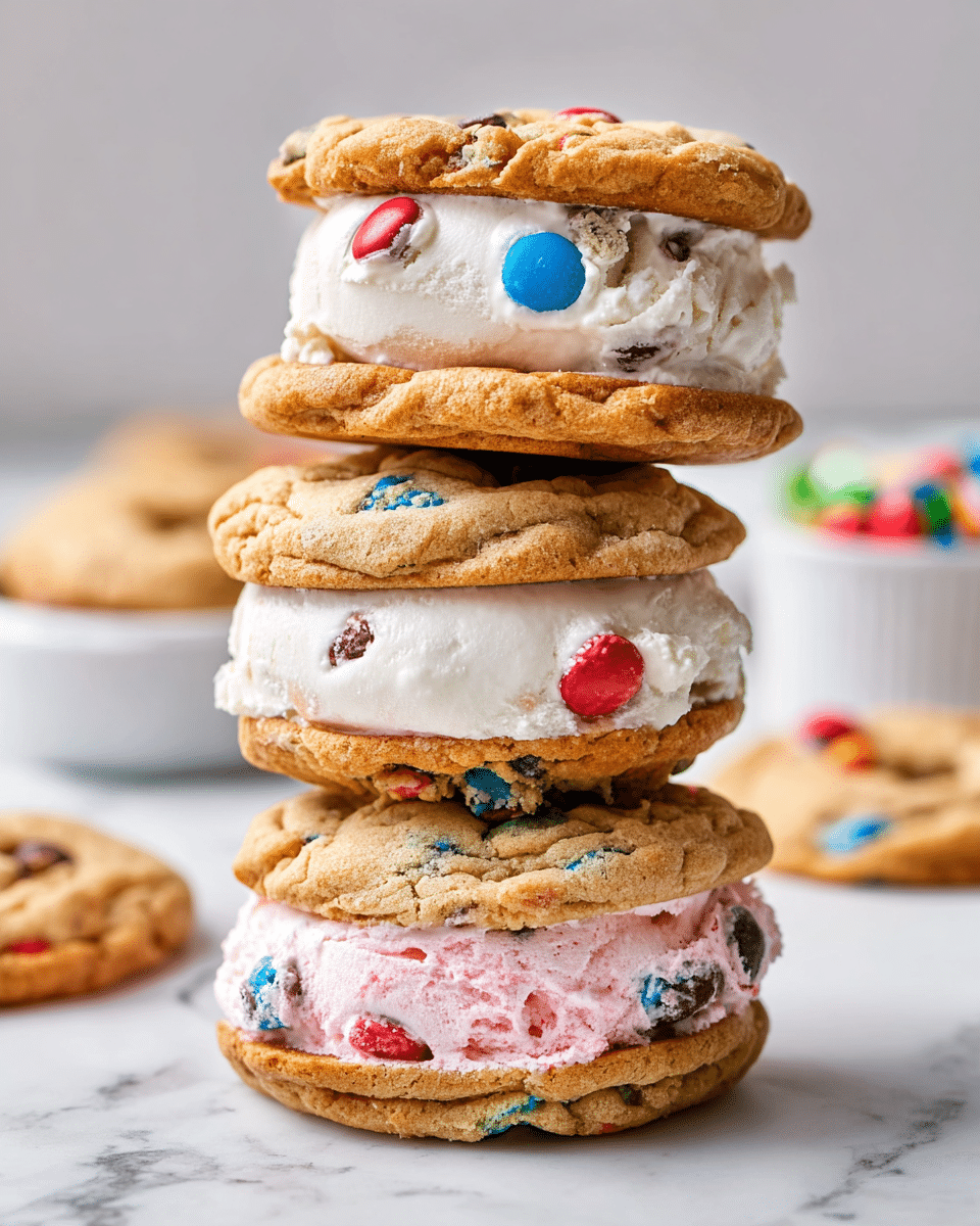 A tall stack of four cookies with colorful candy pieces, each sandwiching a thick layer of creamy ice cream. The top cookie is light brown with red, white, and blue candy bits, holding a smooth white ice cream layer with tiny dark specks. Below is another light brown cookie with multicolored candy bits, topped by a creamy pink and white ice cream spread. The third cookie has visible red and blue candies, set above a thick layer of white ice cream. The stack sits on a white marbled surface with a blurred background showing more cookies and a white bowl with candy. photo taken with an iphone --ar 4:5 --v 7