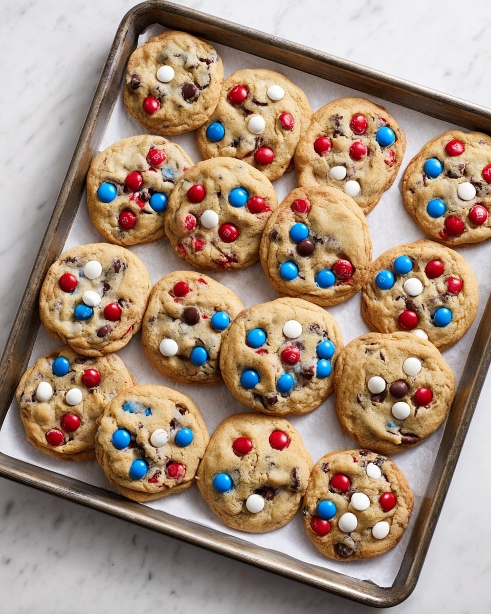 A metal baking tray lined with white parchment paper holds about twenty round cookies. Each cookie is light golden brown with a soft, slightly cracked surface and is studded with medium-sized red, white, and blue candy-coated chocolates scattered evenly on top. There are also small semi-sweet chocolate chips embedded throughout the cookies, adding dark brown spots. The cookies are arranged closely together, some slightly overlapping, on a white marbled surface. Photo taken with an iphone --ar 4:5 --v 7
