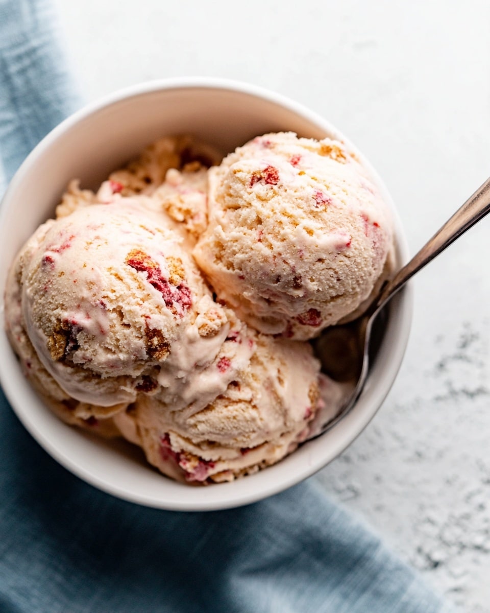 A white bowl holds three scoops of ice cream, with a mix of creamy light pink and brown colors showing chunks of what looks like crushed cookies and red berry pieces spread evenly throughout. The ice cream has a soft, slightly melted texture giving it a creamy and rich look. A metallic spoon stands inside the bowl, which rests on a white marbled surface next to a folded blue cloth. The light pink, brown, and red layers blend naturally, creating a textured, swirled effect that makes the ice cream look very homemade and inviting. photo taken with an iphone --ar 4:5 --v 7