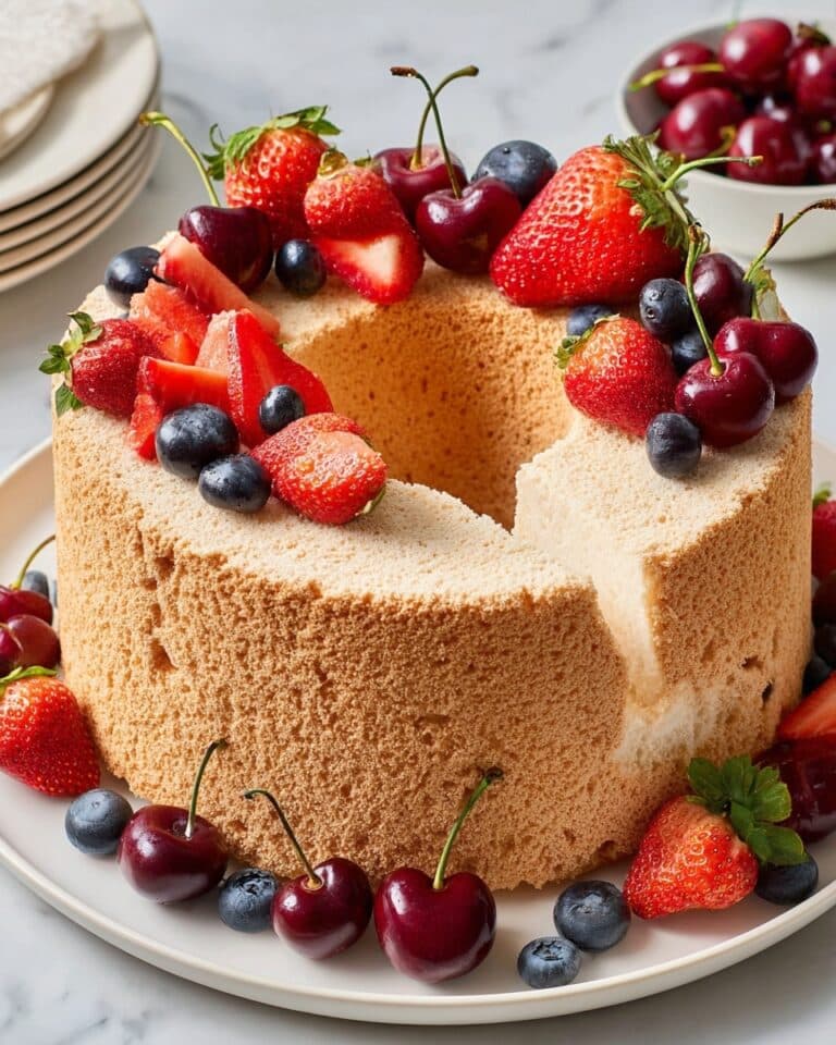 Delicate Angel Food Cake with Whipped Cream and Fresh Fruit Recipe