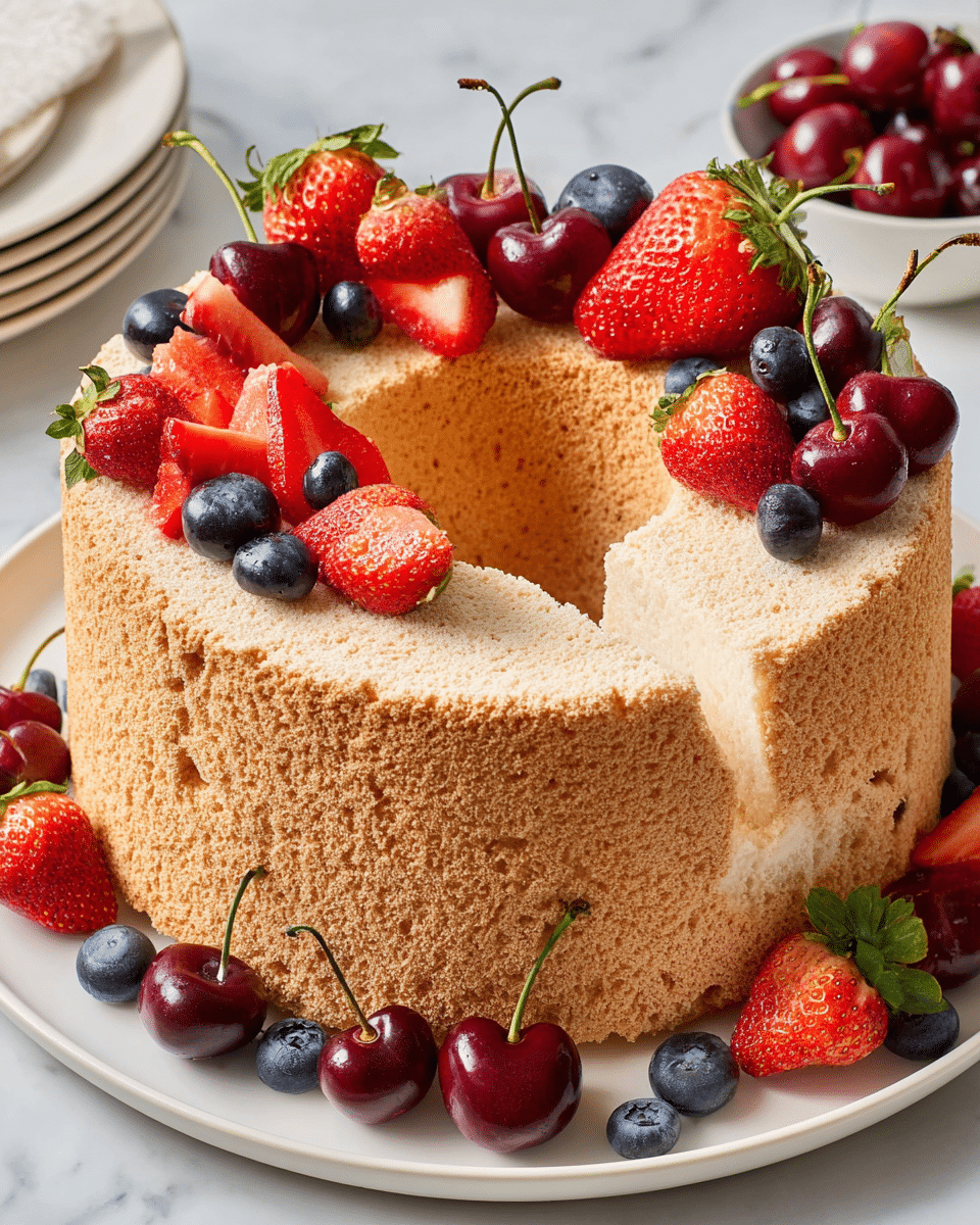 A light brown, fluffy chiffon cake shaped like a ring with a hole in the middle sits on a large white plate. The cake has a soft, airy texture with a slightly rough surface. On top, there is a colorful arrangement of fresh red strawberries, dark red cherries with stems, and small round blue blueberries evenly spread. Some strawberries are cut in half to show their red inside. Around the base of the cake, more cherries, blueberries, and strawberries are placed in a loose pattern. The scene has a clean and bright look with a white marbled background. Photo taken with an iphone --ar 4:5 --v 7