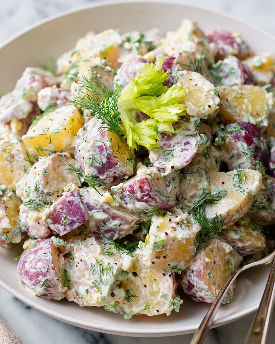 A round bowl filled with a creamy potato salad showing various layers of sliced potatoes in yellow, purple, and red colors mixed with finely chopped green herbs and celery, all coated in a white dressing. A wooden spoon with a dark scoop is partially buried in the salad. The bowl sits on a beige cloth with dark stripes, placed on a white marbled textured surface. Next to it is a white bowl with a light creamy sauce and a metal whisk inside. Photo taken with an iphone --ar 4:5 --v 7