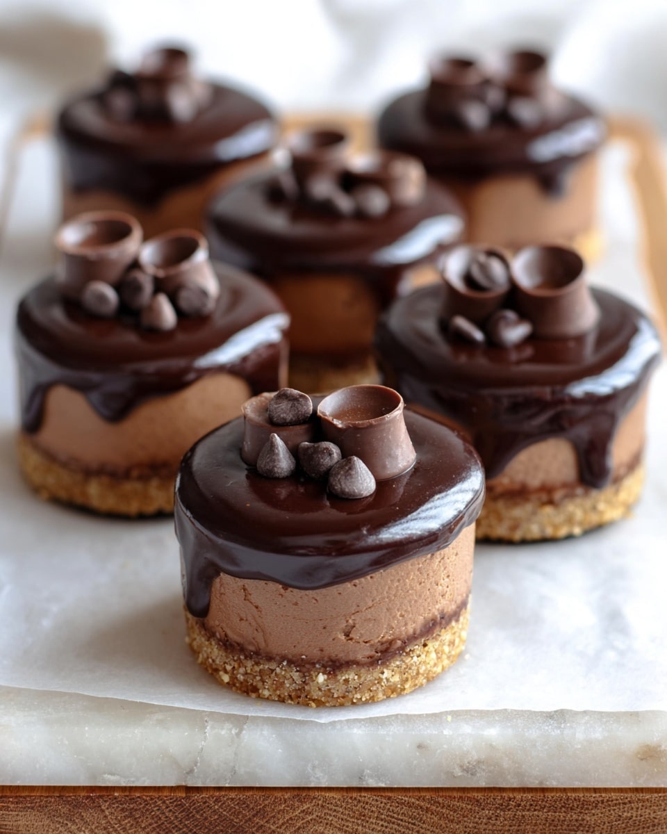 The image shows several small round chocolate desserts arranged in a grid on white paper over a wooden board with a white marbled texture underneath. Each dessert has three visible layers: a crunchy light brown base at the bottom, a thick middle layer of smooth milk chocolate mousse with a velvety texture, and a glossy dark chocolate glaze on top, slightly dripping down the sides. The smooth glaze is decorated with three mini chocolate cup candies on each dessert, adding texture and depth. The background is softly blurred, focusing on the front row of the desserts. photo taken with an iphone --ar 4:5 --v 7