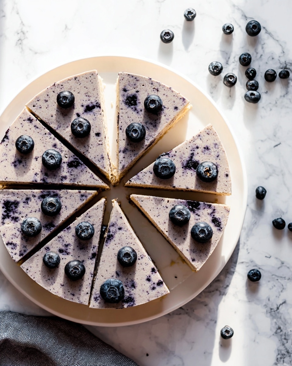 A round blueberry cake sliced into eight even pieces is placed on a white plate on a white marbled surface. The cake has two layers with a pale purple color speckled with tiny dark blueberry bits, showing a soft, moist texture. Each slice is topped with a few whole fresh blueberries scattered evenly on the top layer. There are also a few blueberries scattered on the marbled surface near a crumpled gray cloth to the side. The scene is bright with natural light highlighting the smooth, slightly textured surface of the cake. photo taken with an iphone --ar 4:5 --v 7