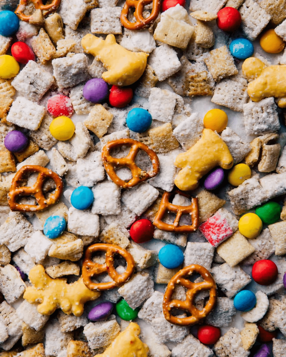 A close-up view of a mix of snack pieces layered densely together, featuring small yellow animal-shaped crackers scattered throughout. The bulk of the middle layer consists of lightly powdered white square and irregular shaped cereal pieces, while crushed pretzels with a golden brown hue peek through in several spots. Brightly colored candy-coated chocolate pieces in red, yellow, green, blue, purple, and pink are evenly spread across the mixture, adding vibrant pops of color. The entire snack mix rests on a white marbled textured surface. photo taken with an iphone --ar 4:5 --v 7