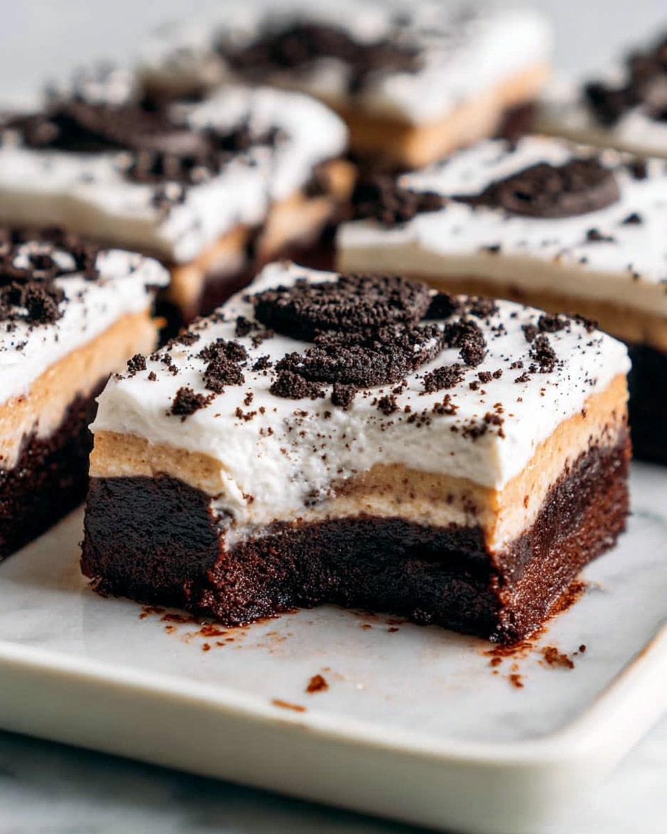 The image shows close-up chocolate dessert bars cut into squares on a white tray. Each bar has three layers: the bottom layer is dark brown, dense, and fudgy; the middle layer is a lighter golden brown, smooth and creamy; the top layer is thick white frosting that slightly drips down the sides, sprinkled with dark brown cookie crumbs scattered unevenly on top. One square is missing from the middle, showing the clear layer separation. The tray rests on a white marbled surface. photo taken with an iphone --ar 4:5 --v 7