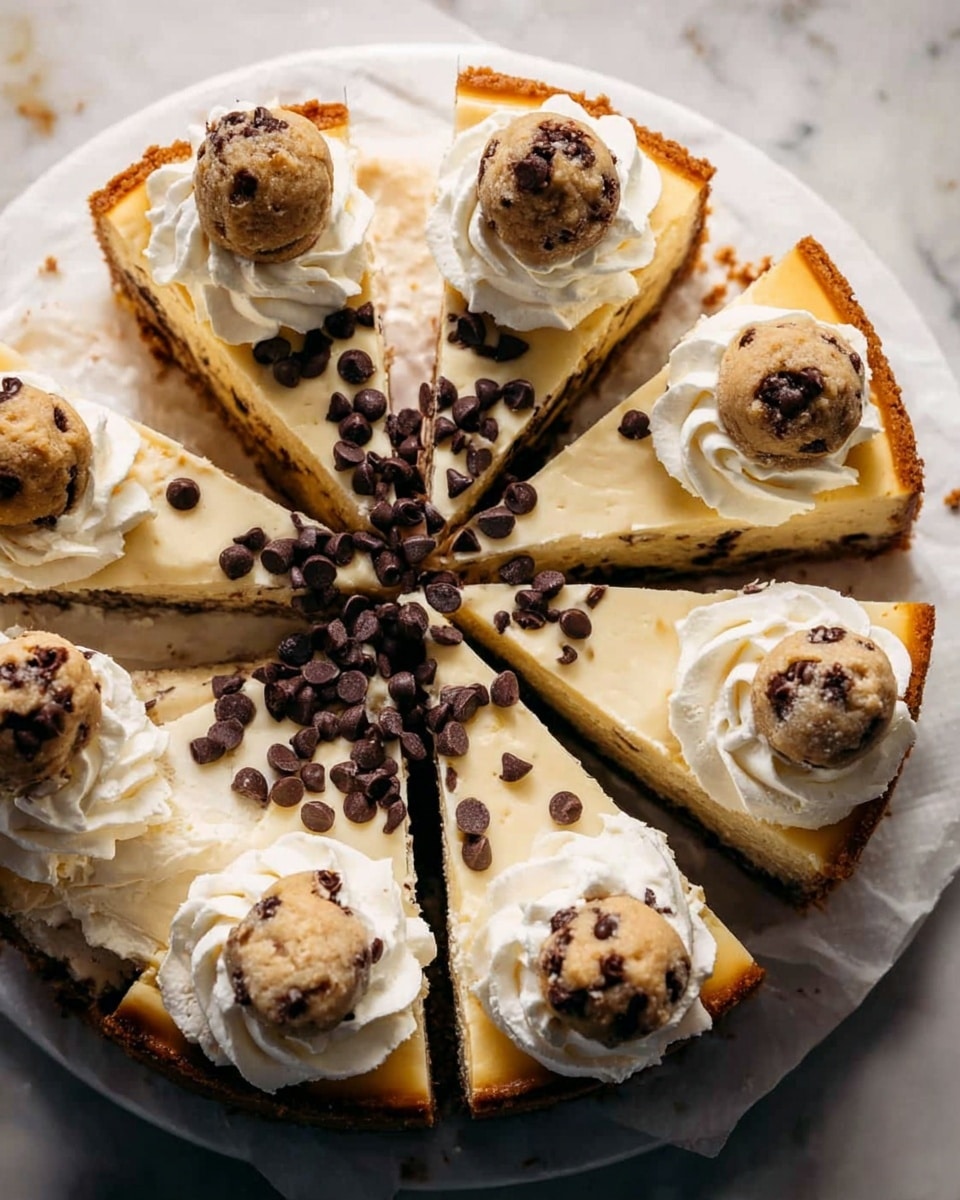 A close-up top view of a cheesecake sliced into pieces on a round white plate. The cheesecake has multiple layers including a brown cookie crust at the bottom, a creamy light yellow layer with chocolate chips scattered inside, and a smooth surface topped with many small dark chocolate chips. Each slice is decorated with a swirl of white whipped cream and a small ball of cookie dough with chocolate chips on top. The background is a white marbled texture. photo taken with an iphone --ar 4:5 --v 7