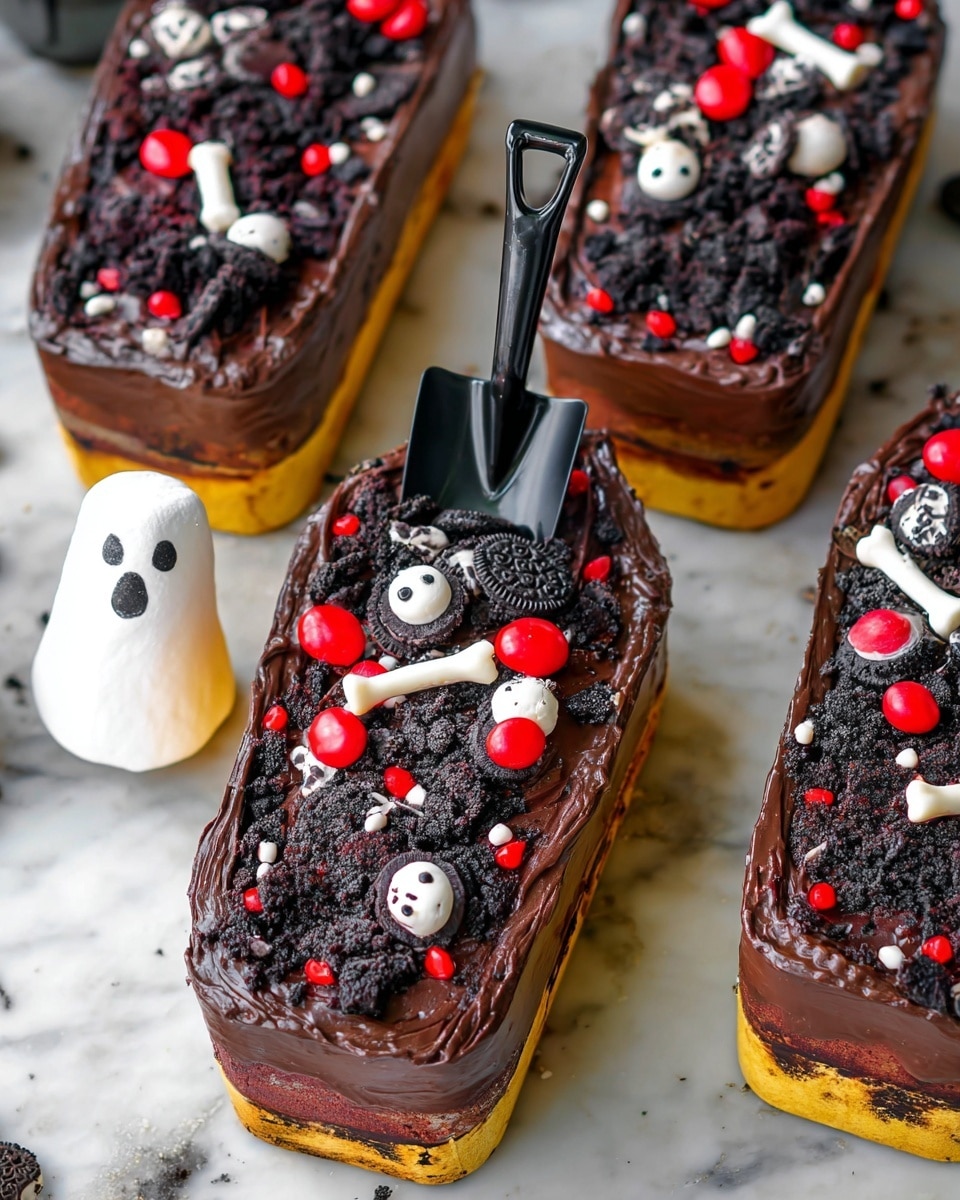 The image shows three long rectangular cakes with a smooth, thick layer of dark brown chocolate frosting on top. The frosting is decorated with small white candy eyeballs with black pupils, red and white candy bones, small red and black round sprinkles, crumbled dark cookie pieces, and scattered red crumbs. A small black shovel-shaped spoon rests diagonally on the middle cake. All cakes are placed on a white marbled surface, and the cake liners are bright yellow. photo taken with an iphone --ar 4:5 --v 7