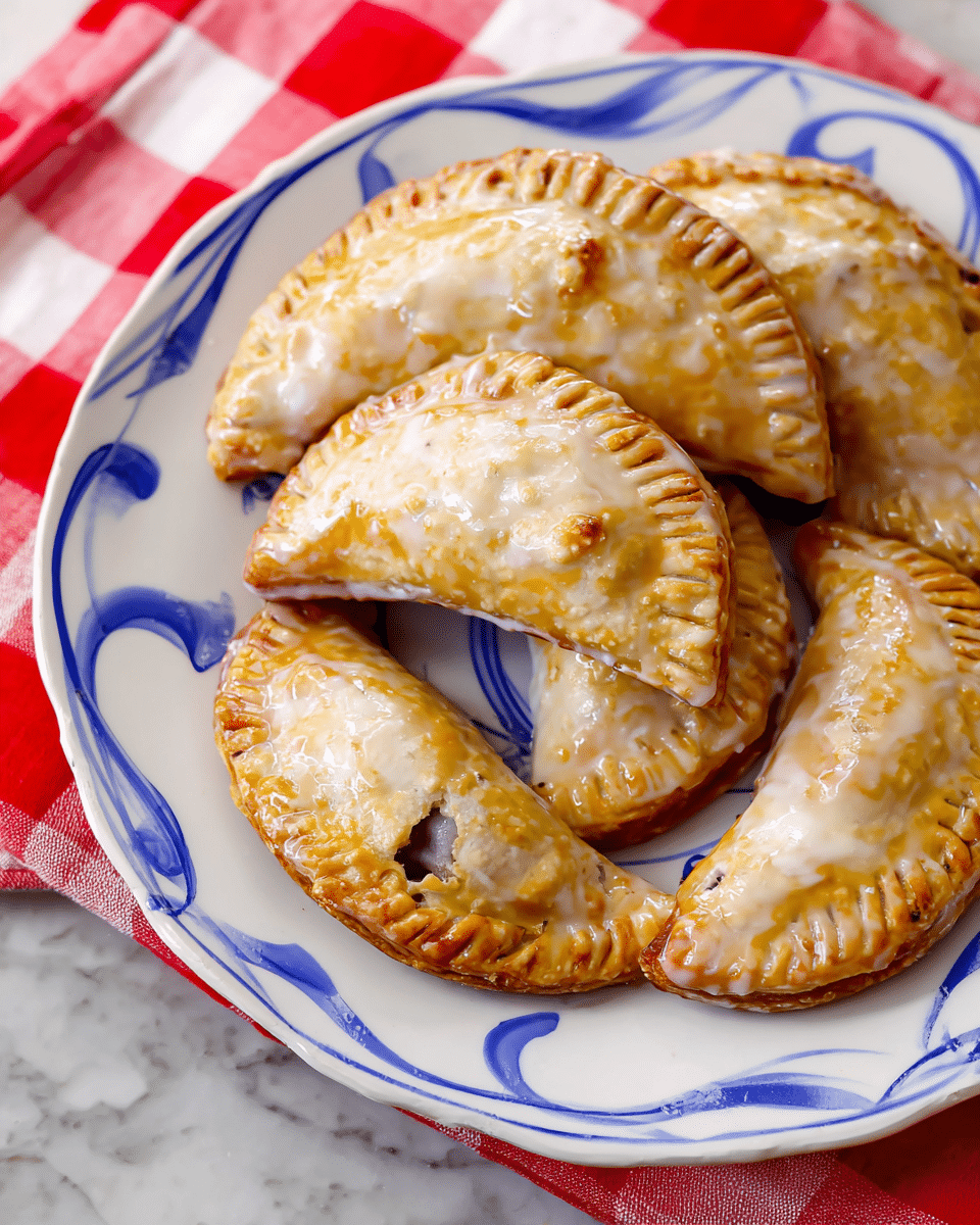 The image shows a close-up of several crescent-shaped pastries arranged on a white plate with blue swirls along the edges. Each pastry is golden brown with a slightly flaky texture and shiny glaze on top that looks like a light icing or sugar coating. The edges of the pastries are crimped with a fork pattern, and you can see a small dark filling peeking from a few of them. The plate sits on a red and white checkered cloth, and the whole scene is set against a white marbled background. photo taken with an iphone --ar 4:5 --v 7