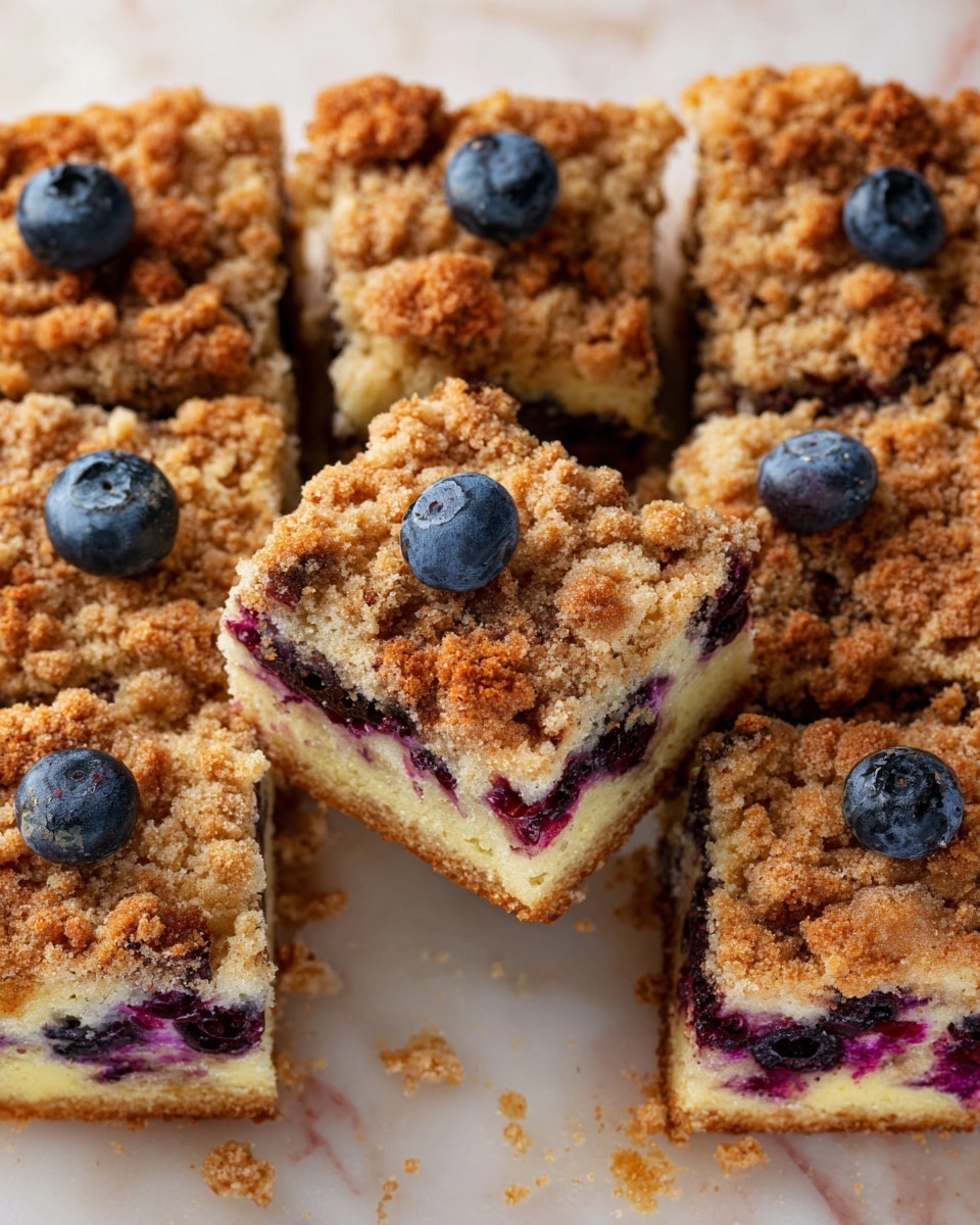 The image shows several square slices of crumb-topped coffee cake arranged closely together on a white marbled surface. Each slice has three visible layers: the bottom layer is a light golden, soft cake with uneven purple blueberry fillings; the middle layer is scattered with juicy, dark purple blueberries creating spots within the cake; and the top layer is a thick, crumbly golden brown streusel with a coarse texture. Some blueberries sit on top of the crumb layer for decoration, adding round, dark blue accents. One slice is slightly tilted showing the inside clearly, and crumbs are scattered around the cake pieces. Photo taken with an iphone --ar 4:5 --v 7