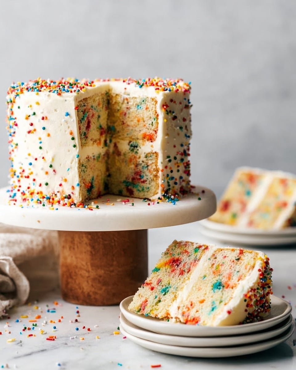 A three-layer funfetti cake stands on a white cake stand with a wooden base, placed on a white marbled surface. Each cake layer is light yellow with colorful sprinkles baked inside, showing red, blue, green, and orange specks. The whole cake is covered in smooth white frosting sprinkled with the same colorful sprinkles on the sides and top, with some falling onto the cake stand and the surface. A slice is cut out from the cake, revealing the layered inside, while another slice sits on a small white plate stack in front. Photo taken with an iphone --ar 4:5 --v 7