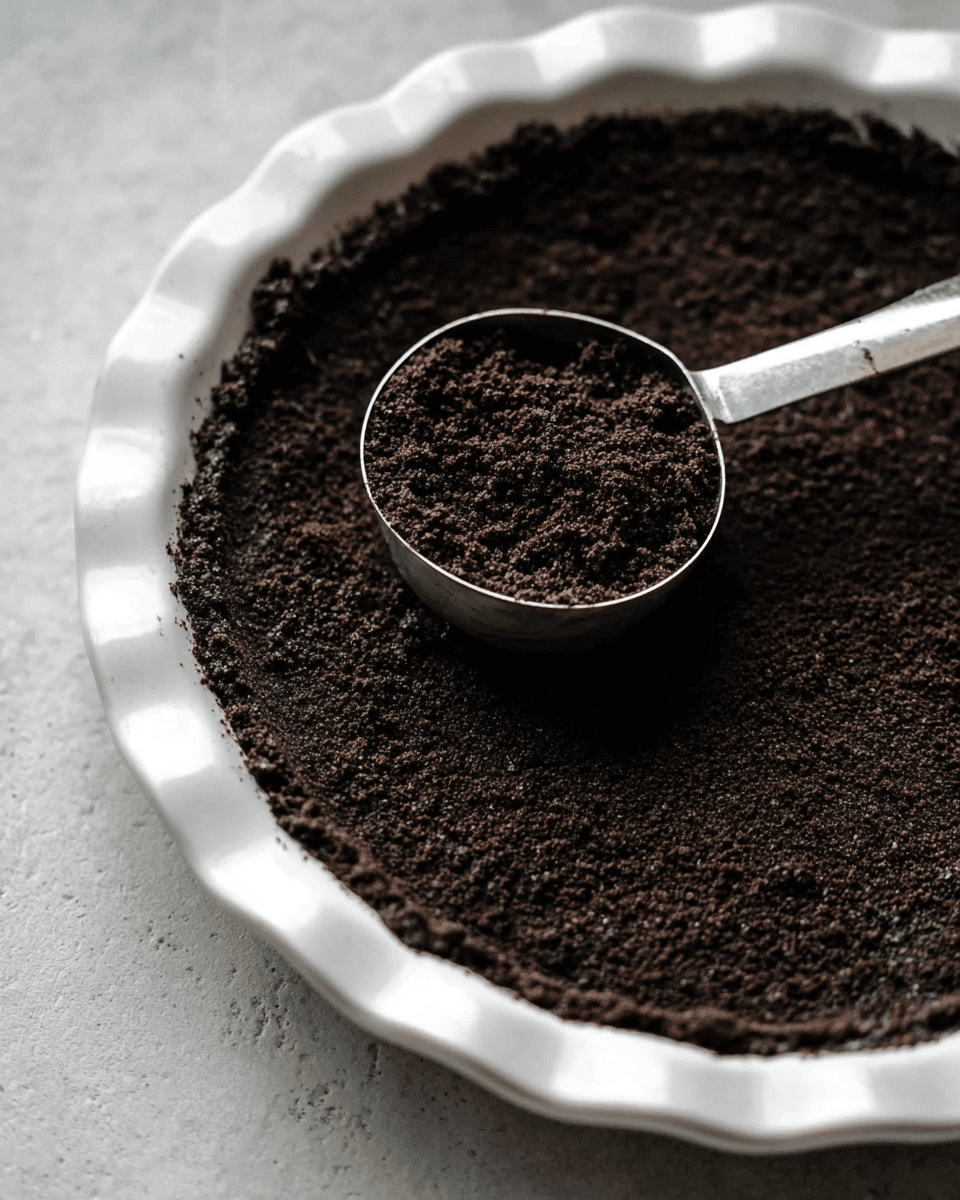 A white pie dish holds a single layer of dark, crumbly chocolate crust evenly pressed against the base and up the sides, forming a thick edge. A silver metal measuring cup is placed inside the pie dish, partially pressing down the crust to create a smooth, compact surface. The white marbled texture surface underneath the dish adds a clean background to the close-up shot. photo taken with an iphone --ar 4:5 --v 7