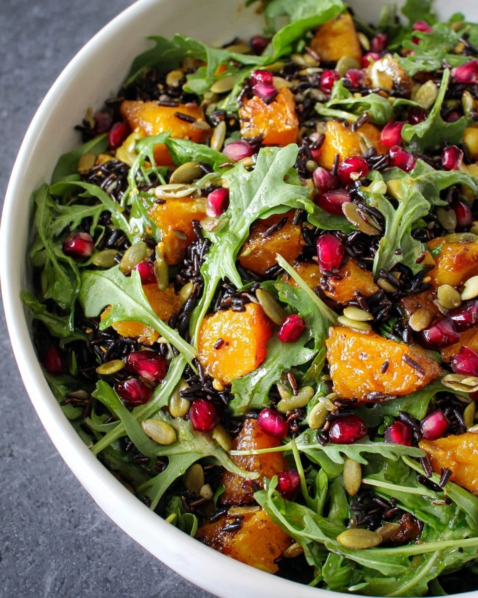 A close-up image of a fresh salad in a white bowl, showing several layers: a base layer of dark green leafy greens with a slightly shiny texture, mixed with bright orange roasted carrot chunks scattered evenly on top; interspersed within the greens and carrots are black grains of wild rice adding a textured contrast, and small, shiny red pomegranate seeds that bring pops of color throughout; light green pumpkin seeds are sprinkled on the top layer, adding small crunchy elements. The salad looks fresh and vibrant, with a mix of soft, juicy, and crunchy textures visible. The bowl sits on a white marbled surface. Photo taken with an iphone --ar 4:5 --v 7
