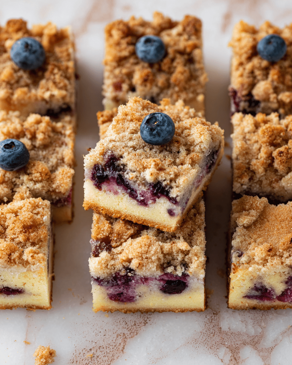 This image shows several square pieces of crumb cake on a white marbled surface. Each piece has two layers: the bottom layer is a soft, light yellow cake with visible purple-blue mixed berries inside, and the top layer is a thick, crumbly, golden-brown streusel topping made of small and medium-sized crumbs. Some pieces are garnished with a single fresh blueberry on top. One piece is turned slightly to show the inside texture with juicy berry spots. Photo taken with an iphone --ar 4:5 --v 7