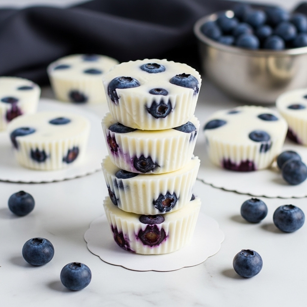 The image shows a stack of four round frozen yogurt bites with blueberries inside them, placed on a white marbled surface. Each bite is white and creamy with whole blueberries visible inside and on the top, giving spots of deep blue color. The edges of these frozen bites are ridged, showing their cupcake liner shape. Around the stack, there are scattered loose blueberries and additional frozen yogurt bites on a white paper circle. The background includes a soft dark cloth and a silver bowl filled with more blueberries, adding contrast to the white marbled surface. photo taken with an iphone --ar 4:5 --v 7