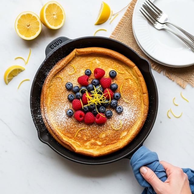 A round, golden-brown pancake with slightly crispy edges sits inside a black skillet. The pancake is topped with a mix of fresh red raspberries and dark blue blueberries scattered mainly in the center, with some lemon zest strands adding bright yellow highlights. A light dusting of powdered sugar covers the berries and part of the pancake. The skillet handle is wrapped in a blue cloth held by a woman's hand at the bottom of the image. Around the skillet, there are a few lemon wedges on a white marbled surface, along with a white plate holding two silver forks on top of a piece of burlap. photo taken with an iphone --ar 4:5 --v 7