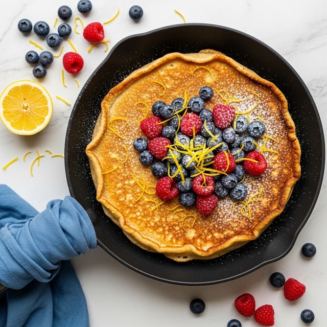 A golden-brown pancake with slightly crispy and uneven edges sits in a black skillet. On top of the pancake, there is a pile of fresh blueberries and raspberries mixed with thin yellow lemon zest strands scattered around. Light white powdered sugar is dusted lightly over the berries and pancake. Around the skillet, there are loose blueberries, raspberries, and a lemon wedge placed on a white marbled texture. A blue cloth is wrapped around the skillet handle. Photo taken with an iphone --ar 4:5 --v 7