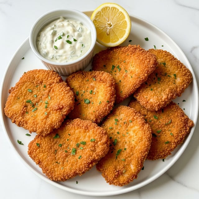 A white plate holds several pieces of golden brown fried fish with a crispy, bumpy texture, sprinkled lightly with green herbs. The pieces vary in size but are mostly flat and slightly irregular in shape, stacked close together. At the top right side of the plate, a single lemon wedge with bright yellow rind and pale juicy inside rests against the fish. At the upper left, there is a white ramekin filled with creamy white tartar sauce dotted with tiny green herb bits. The plate sits on a white marbled surface. photo taken with an iphone --ar 4:5 --v 7