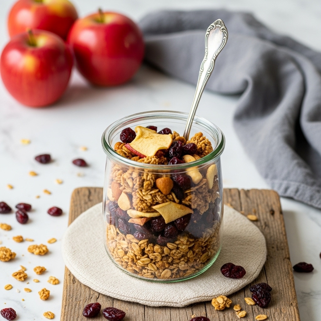 A clear glass jar filled with three main layers of crunchy granola mix, starting with a base of golden-brown oat clusters, followed by scattered dark red dried cranberries, and mixed with light brown nut pieces and apple chips evenly spread throughout. A vintage silver spoon with intricate designs stands inside the jar, leaning against the glass. The jar is placed on a round, light beige piece of fabric on a rough wooden table, with scattered granola pieces and dried cranberries around it. In the background, there are bright red apples and a gray cloth casually folded. The surface is a white marbled texture. photo taken with an iphone --ar 4:5 --v 7