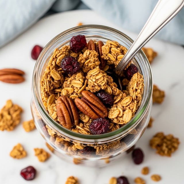 The image shows a close-up top view of a glass jar filled with granola. The granola has multiple layers with visible oats, pecan pieces, and dried cranberries in shades of golden brown, deep red, and light beige. A silver spoon is partially inside the jar, resting at an angle among the granola pieces. Around the jar on a white marbled texture surface, some granola pieces are scattered, adding texture to the scene. A soft, light blue cloth is blurred in the background, giving a cozy feel to the image. Photo taken with an iphone --ar 4:5 --v 7