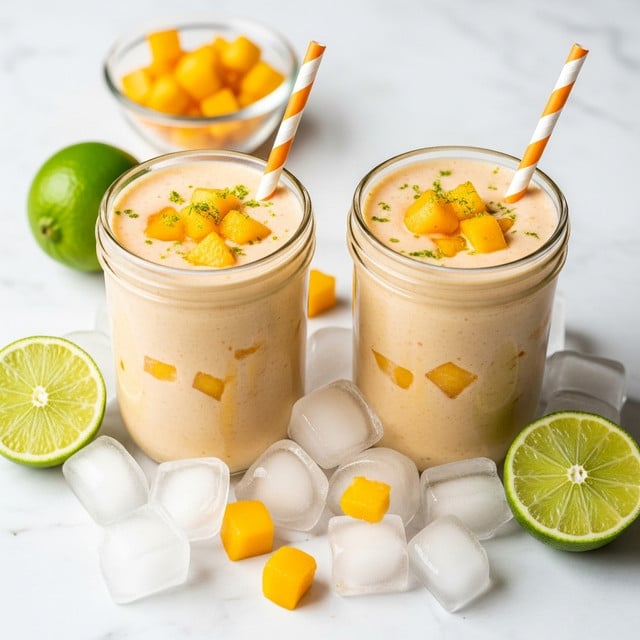 Two clear glass jars are filled with a creamy light orange smoothie topped with small pieces of yellow and orange fruit and specks of green zest. Each jar holds a white and orange striped straw standing upright. The jars sit on a bed of clear ice cubes, some mixed with small cubes of yellow fruit. Around the jars, a halved green lime and whole green lime are placed on a white marbled surface. In the background, a small clear bowl holds more yellow and orange fruit pieces. photo taken with an iphone --ar 4:5 --v 7