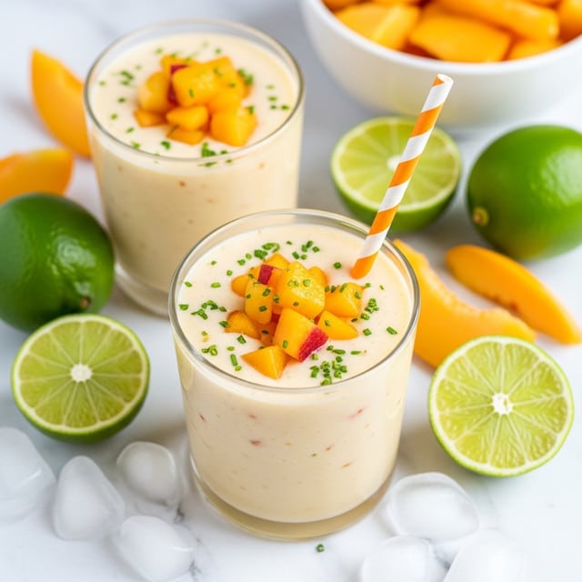 The image shows two clear glasses filled with a creamy, pale yellow smoothie topped with small chunks of orange-yellow and reddish fruit pieces, with tiny green specks sprinkled on top. One glass has a white and orange striped straw. Around the glasses, there are bright green limes, lime halves, and pieces of orange-yellow fruit placed on a white marbled surface with scattered ice cubes. In the background, there is a white bowl filled with more orange-yellow fruit pieces. The lighting is bright and natural, highlighting the creamy texture and fresh fruit details. Photo taken with an iphone --ar 4:5 --v 7