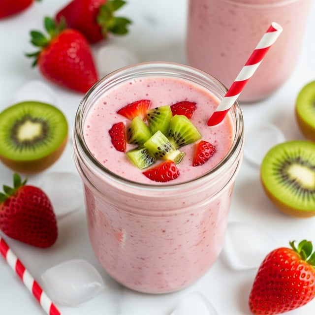 The image shows a creamy pink smoothie in a clear glass jar, topped with small pieces of green kiwi and red strawberries. The smoothie has a thick texture and the fruit pieces sit on the surface, adding a fresh look. A red and white striped straw is placed inside the jar. Around the jar, there are whole strawberries, sliced kiwi, and ice cubes scattered on a white marbled surface. Another jar with the same smoothie and fruit topping is partially visible in the background. photo taken with an iphone --ar 4:5 --v 7