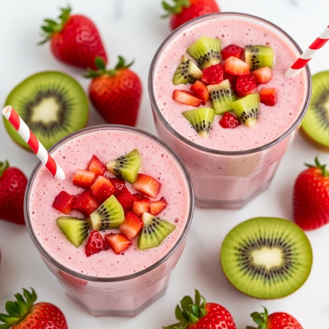 Two clear glasses filled with a smooth, pink smoothie topped with small chunks of red strawberries and green kiwi pieces with black seeds, scattered on the top layer. Each glass has a red and white striped straw sticking out from the pink smoothie. The drinks sit on a white marbled surface surrounded by whole strawberries and halved kiwi fruits, adding to the fresh and colorful look of the scene. photo taken with an iphone --ar 4:5 --v 7